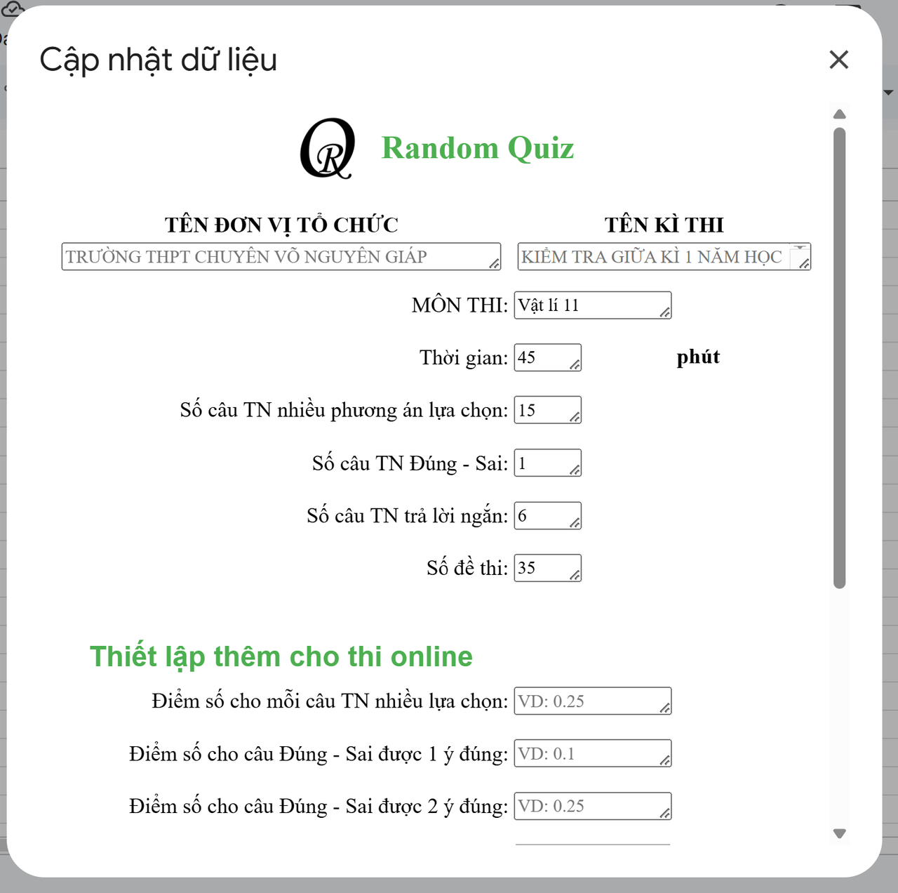 Giao diện nhập câu hỏi trong Random Quiz