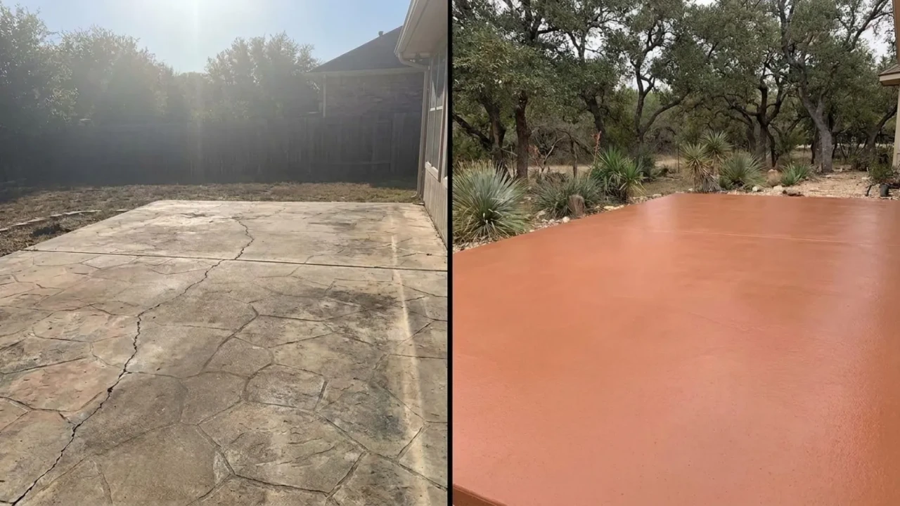 Before-and-after concrete patio overlay versus tear-out on a San Antonio residential patio  left side shows worn slab, right side shows finished resurfaced overlay