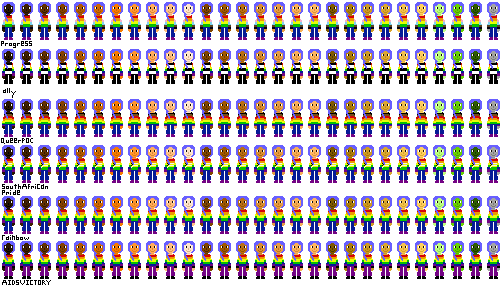 a row of people with pride flag shirts and indigo hair