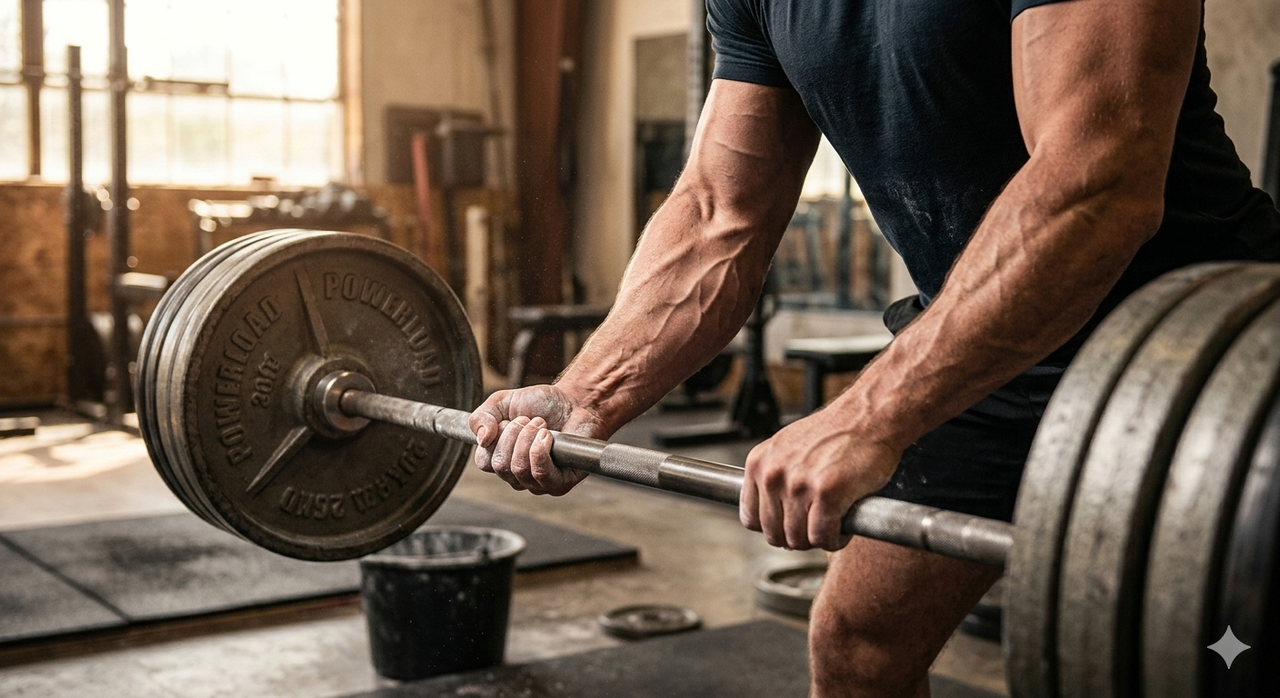 Infographic showing how to improve grip strength for heavier lifts with forearm anatomy and hand positioning for deadlifts and pulls