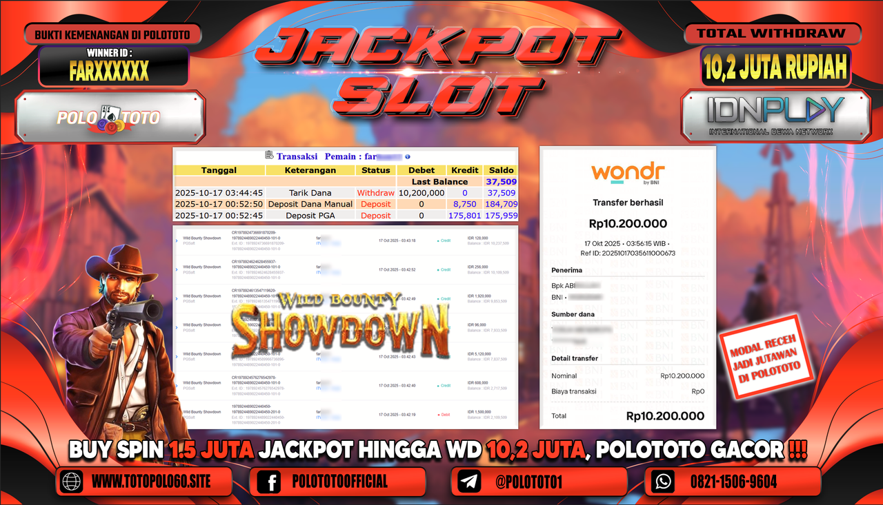 POLOTOTO JACKPOT SLOT WILD BOUNTY SHOWDOWN Rp.10.200.000,-