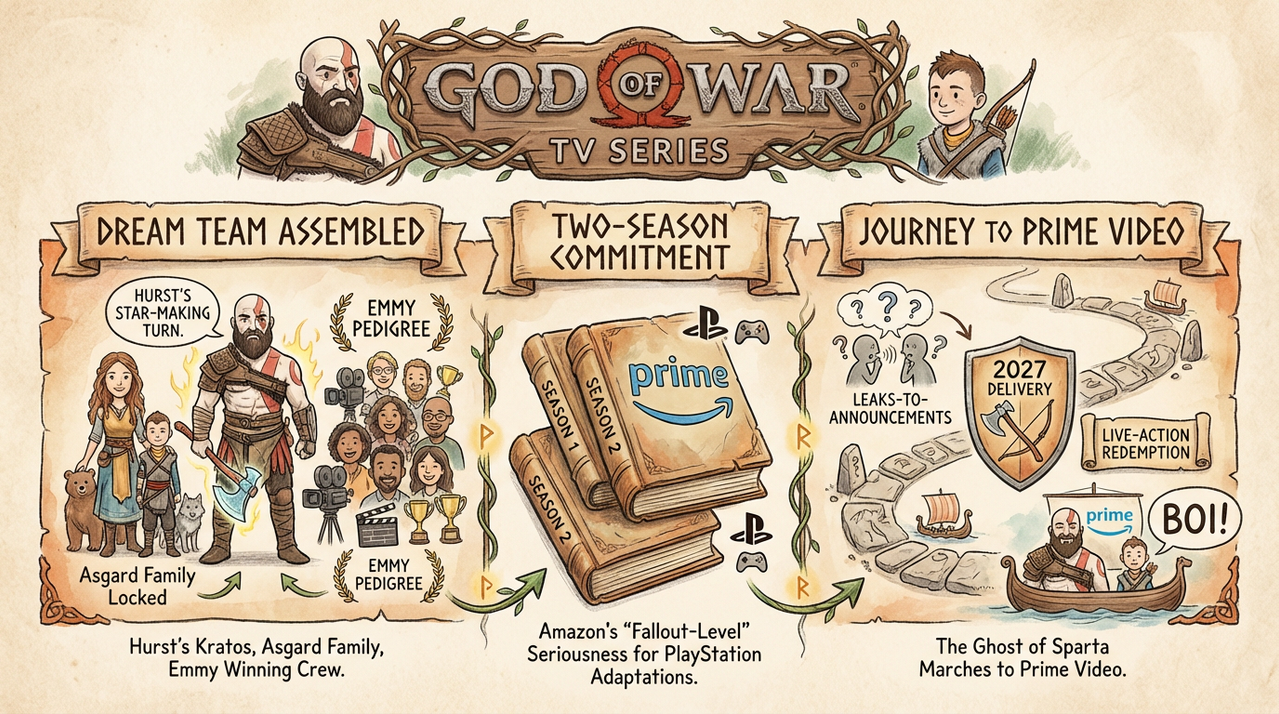 Muscular Viking warrior wielding massive battle axe in snowy landscape