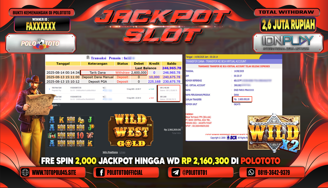 POLOTOTO JACKPOT SLOT WILD WEST GOLD Rp.2.600.000,-LUNAS