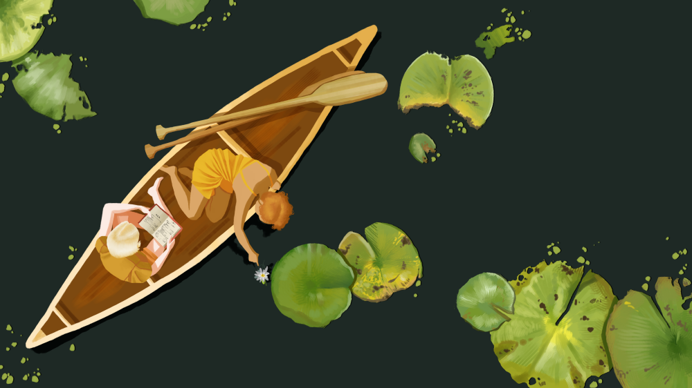 Polished digital drawing of two characters in a canoe