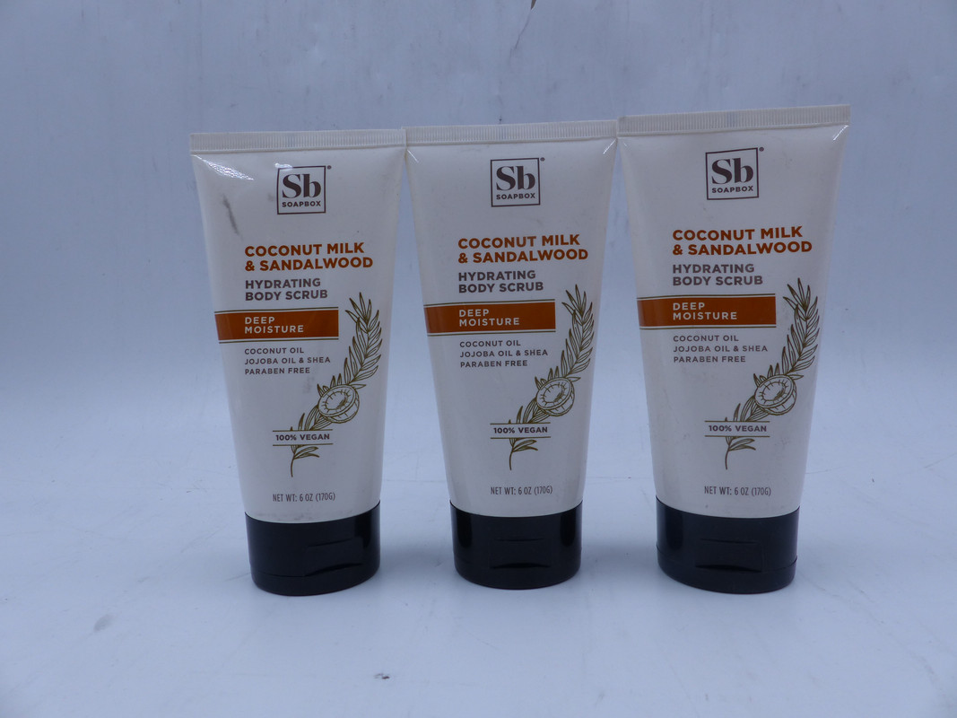 LOT OF 3 SOAPBOX COCONUT MILK & SANDLAWOOD HYDRATING BODY SCRUB 6 OZ 100% VEGAN LOT OF 3 SOAPBOX COCONUT MILK & SANDLAWOOD HYDRATING BODY SCRUB 6 OZ 100% VEGAN