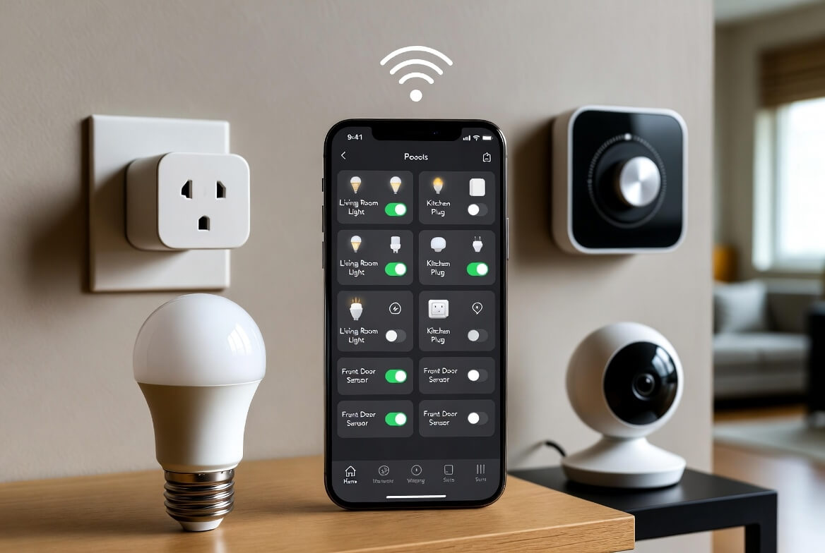 Smartphone displaying home automation setup app with device controls