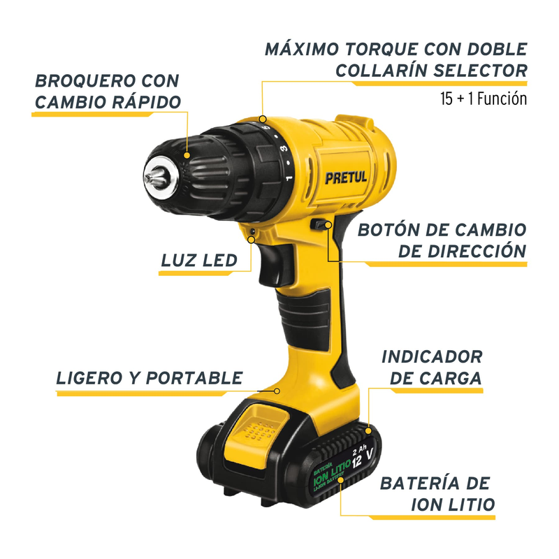 Taladro inalámbrico 3/8", 12 V, Pretul