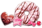 Sweets; A pink star-shaped cookie, a donut with chocolate drizzle, a cherry, and a heart-shaped cookie