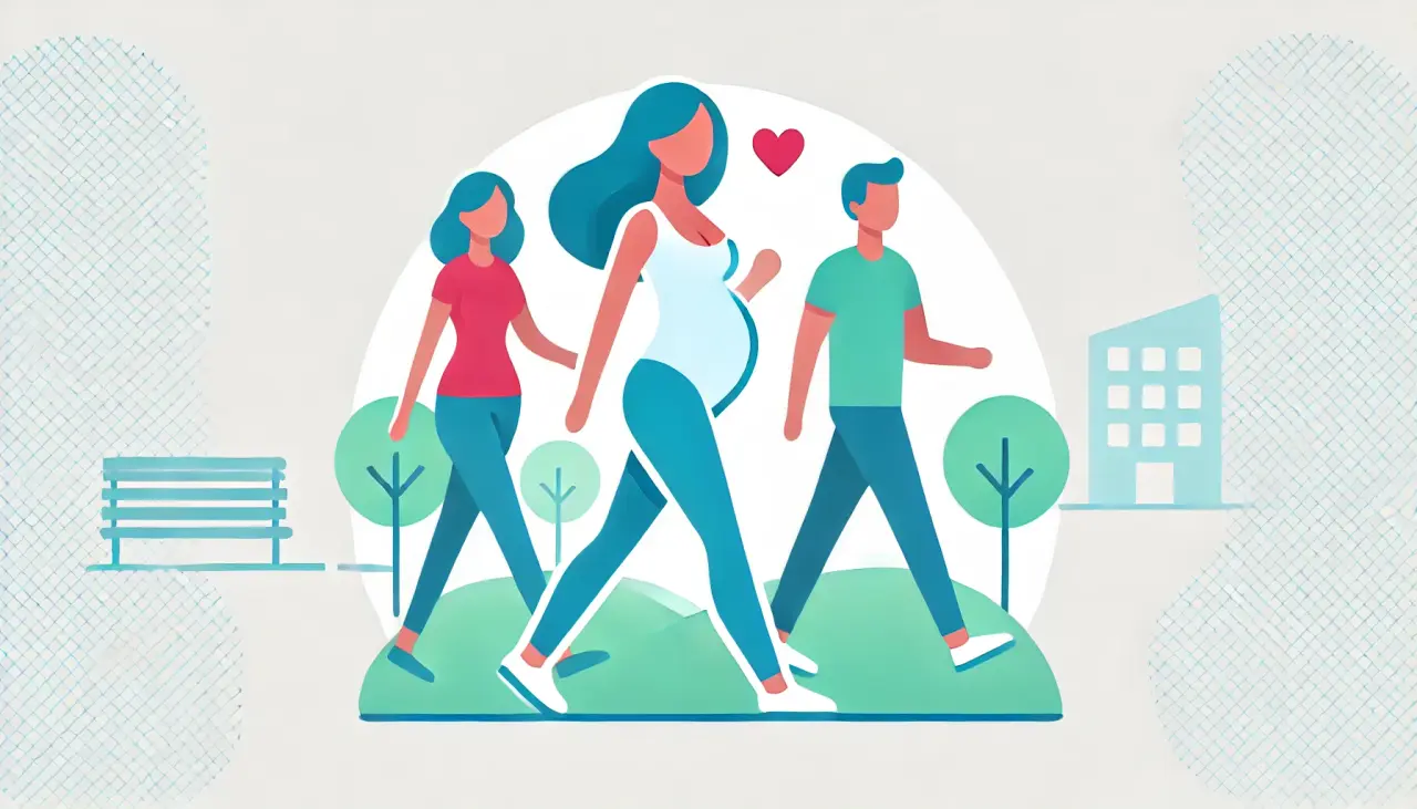 A healthy surrogate mother walking with intended parents, emphasizing the importance of fitness for a successful pregnancy