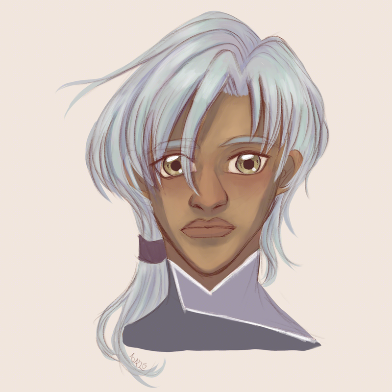 A portrait of the angel Raziel, an olive toned person with light blue hair partly bound in a short ponytail to the left side of the viewer, light green eyes, and showing a turtleneck shirt with two light and dark tones.