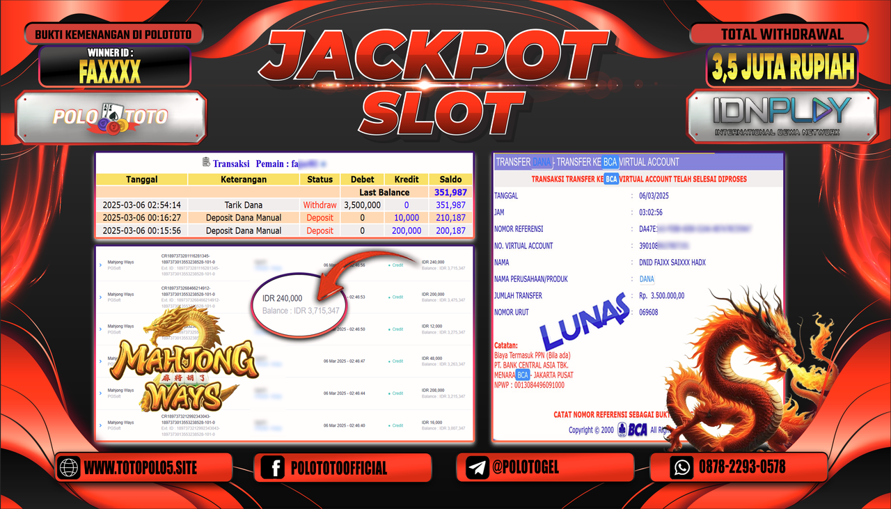 POLOTOTO JACKPOT SLOT MAHJONG WAYS Rp.3.500.000,-