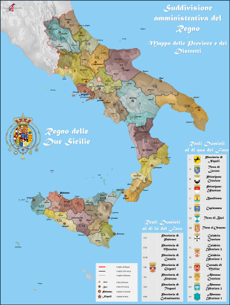 120 grana Reino de las Dos Sicilias. Fernando II 1855 Suddivisione-amministrativa-del-Regno-delle-Due-Sicilie