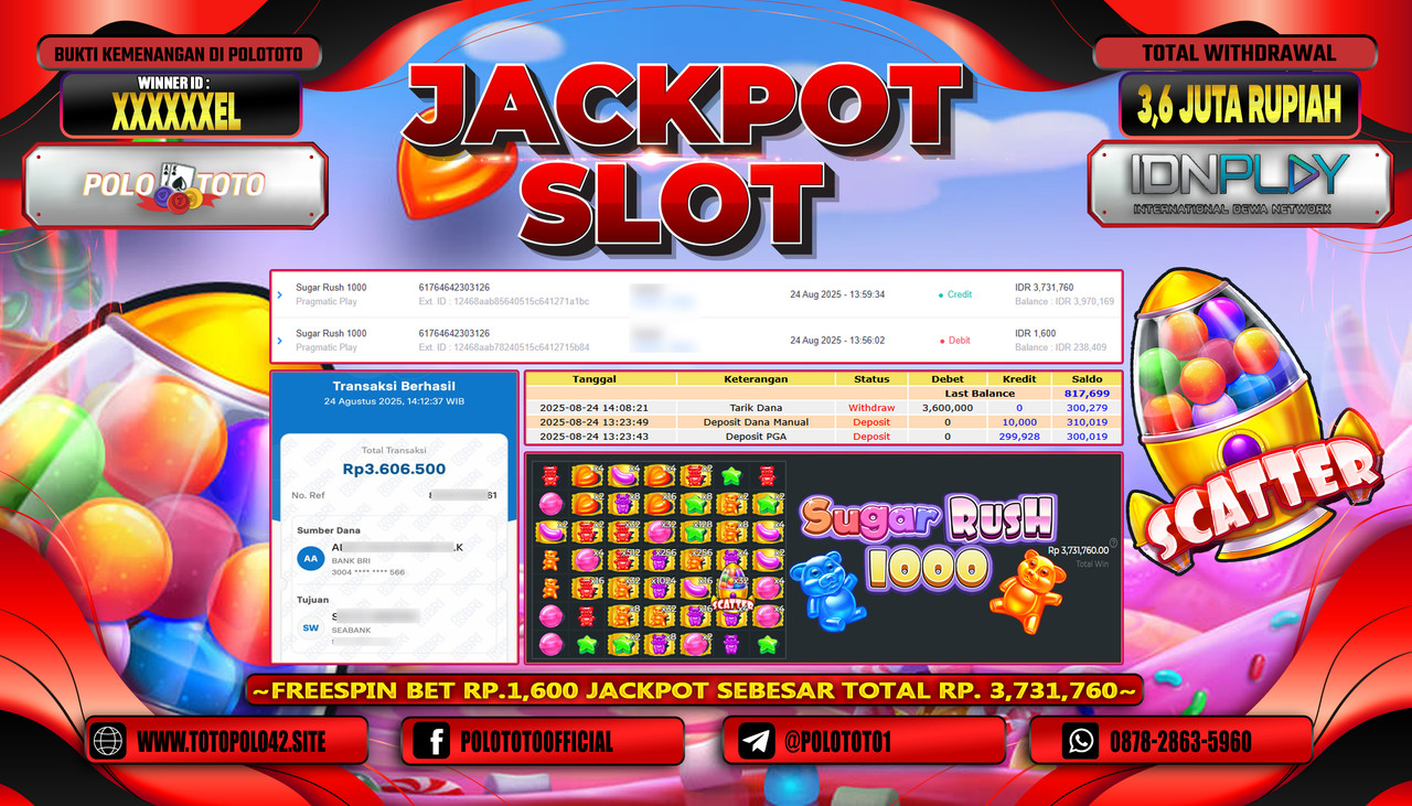 POLOTOTO JACKPOT SLOT SUGAR RUSH 1000 Rp.3.600.000,- LUNAS