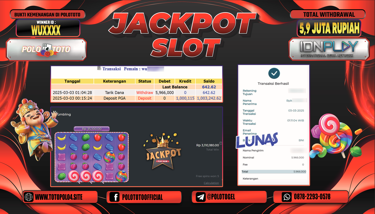 POLOTOTO JACKPOT SLOT SWEET BONANZA 1000 Rp.2.180.000,-