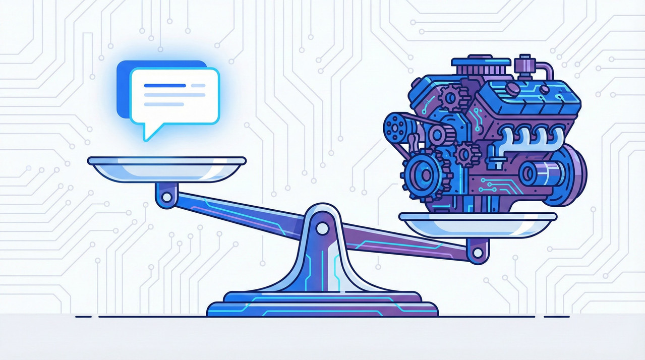 Scale balancing a light speech bubble against a heavy mechanical gear