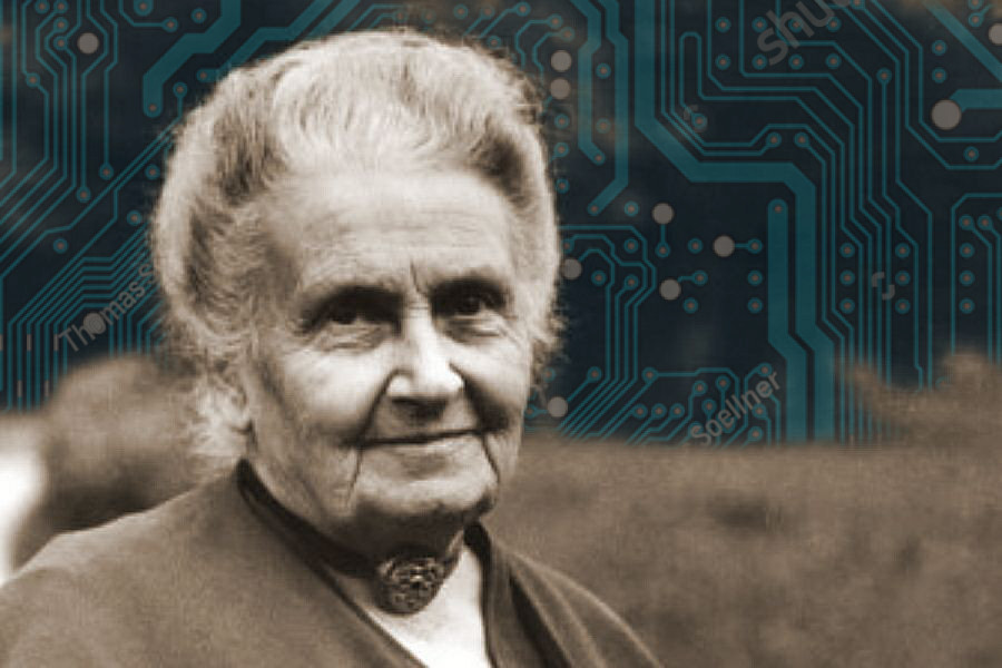 Maria Montessori su uno sfondo elettronico|150