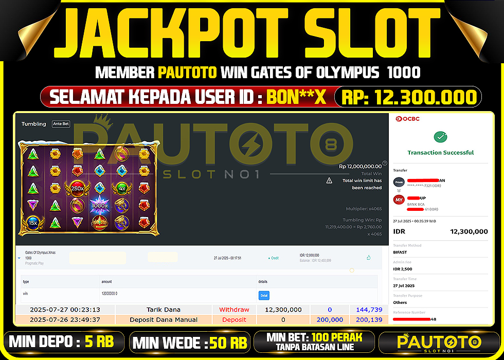 BUKTI PEMBAYARAN TGL 26 JULY 2025 MENANG DI PERMAINAN GATES OF OLYMPUS 1000 TOTAL WD 12,3JUTA