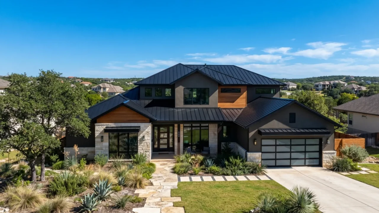 Black metal roof on a modern home in San Antonio Texas with clear blue sky