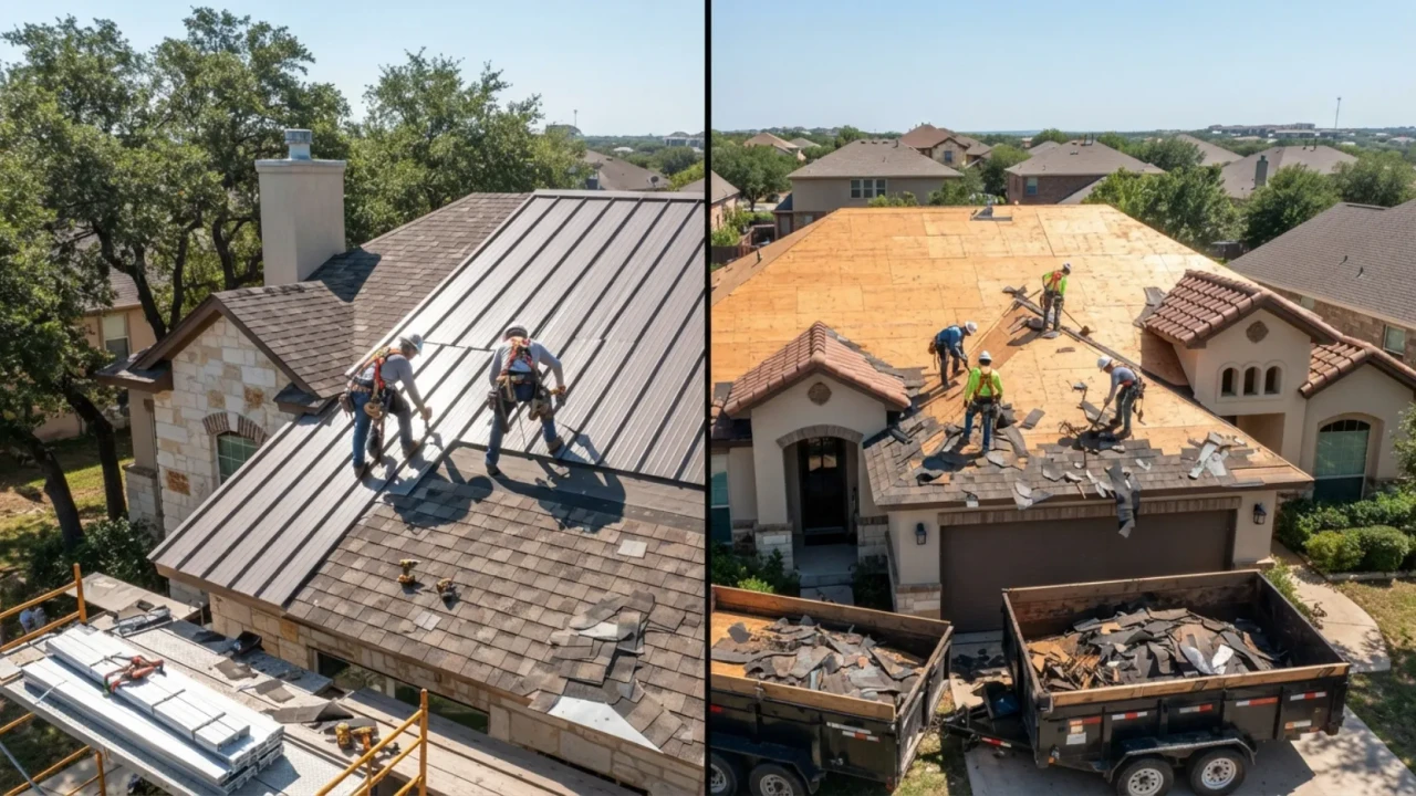Side-by-side view of metal roof overlay installation versus full shingle tear-off and deck preparation on San Antonio homes