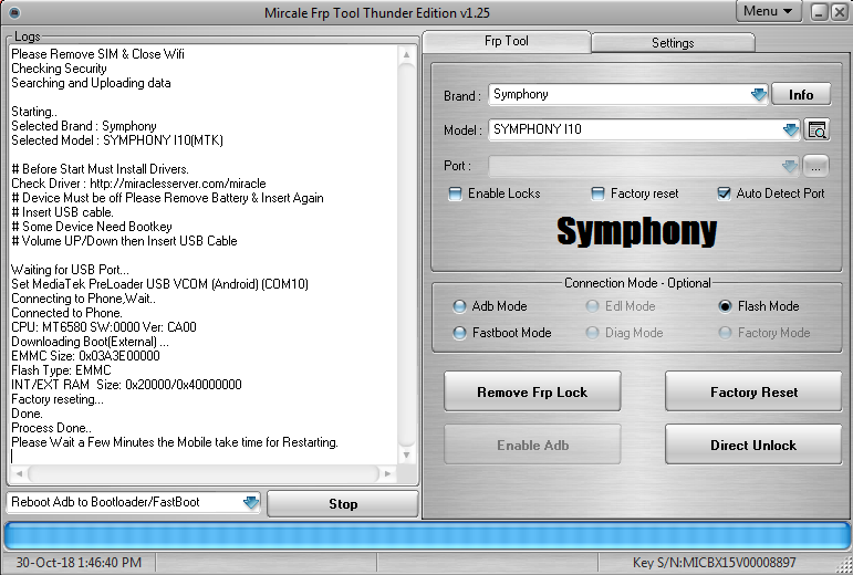 Symphony i10+ Pin lock Remove Done By Miracle Thunder FRP Tool V1.25