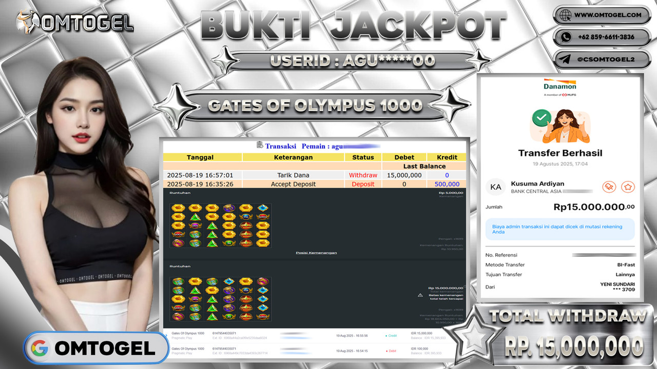 OMTOGEL JACKPOT PRAGMATIC PLAY GATES OF OLYMPUS 1000 15 JUTA DI BAYAR LUNAS ,-