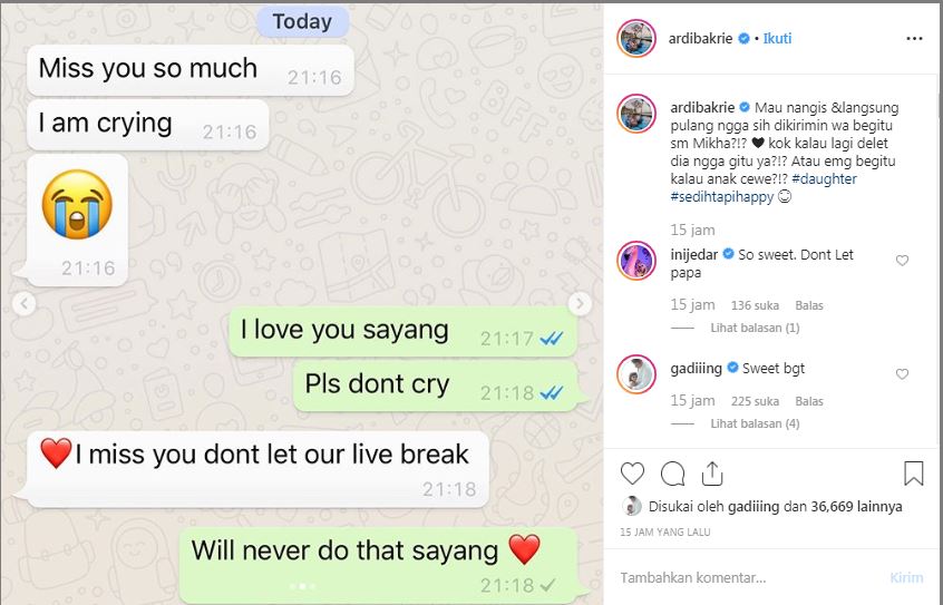Pesan isi kerinduan Mikha untuk Ardi Bakrie