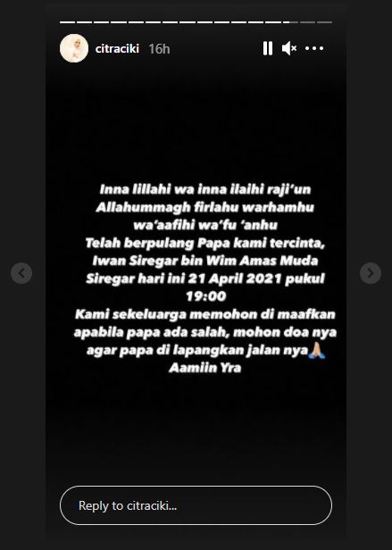 Ayah Citra Kirana meninggal