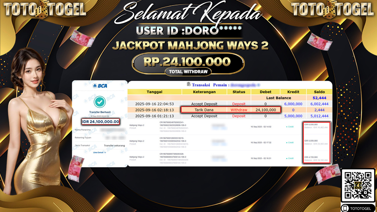 Bukti Pembayaran Jackpot Permainan Slot Mahjong Ways 2 ID:DORO*** LUNAS
