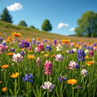 Peaceful wildflowers blooming in a quiet green meadow under soft sunlight, symbolizing stillness and healing