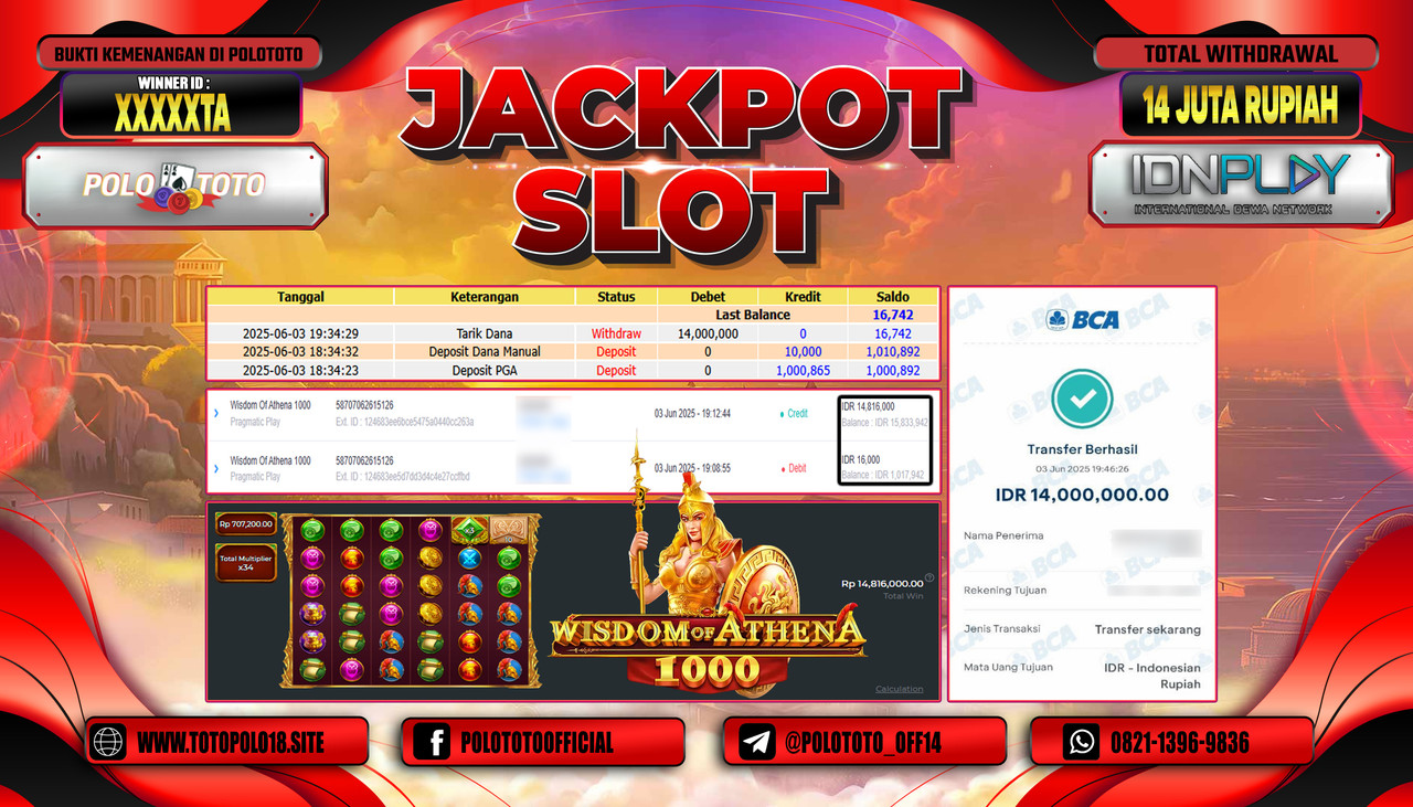 POLOTOTO JACKPOT SLOT WISDOM OF ATHENA 1000 Rp.14.000.000,-