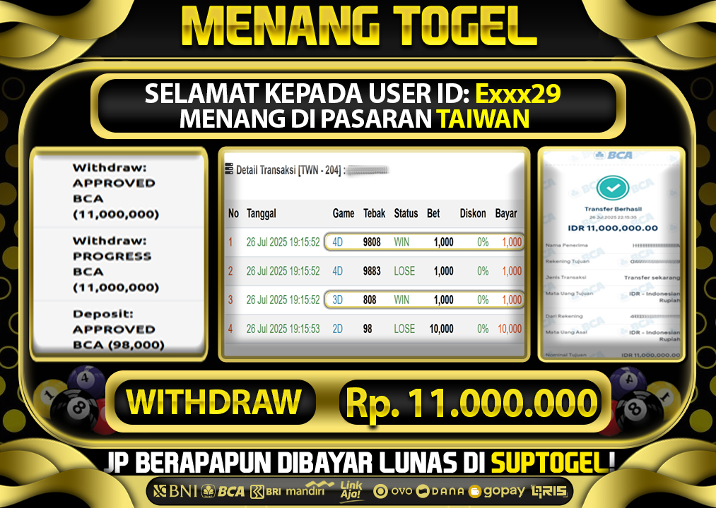  BUKTI KEMENANGAN 26 JULY 2025 MENANG DI PASARAN TAIWAN TOTAL WD 11 JUTA