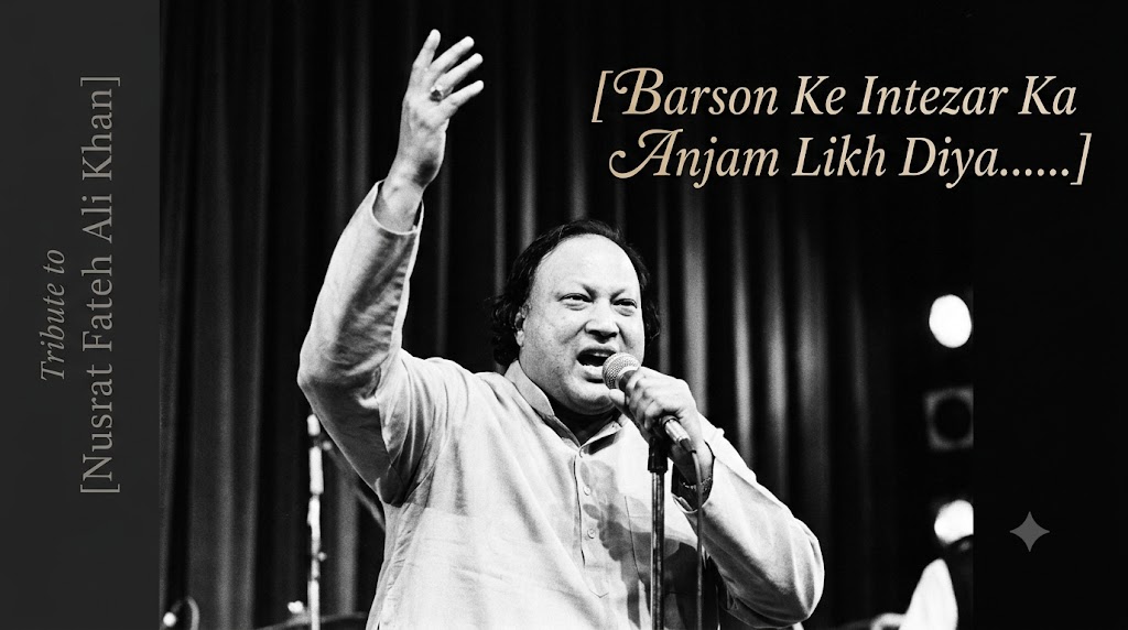 AI-generated example result for the youtube-thumbnail prompt: Nusrat Fateh Ali Khan Tribute Thumbnail – Classic Concert Photography Design AI YouTube Thumbnail Prompt