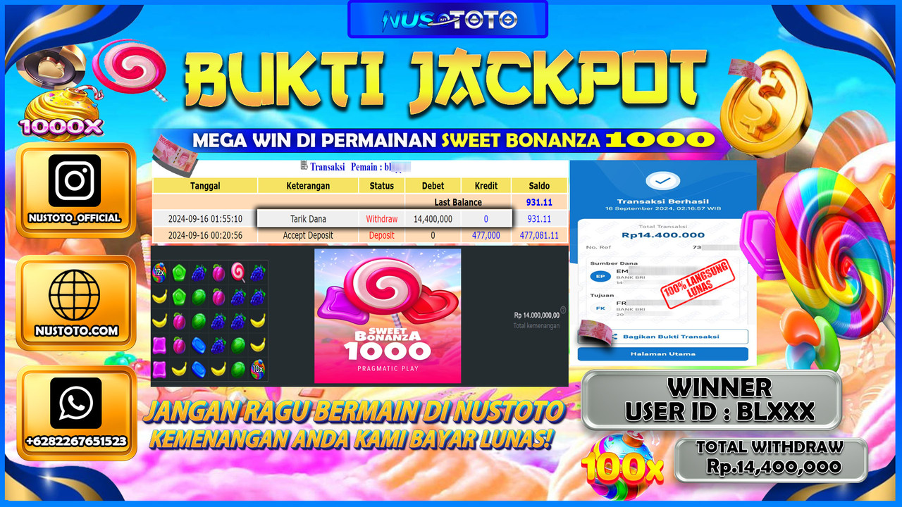 JACKPOT !! MENANG BESAR DI TOGEL PASARAN SWEET BONANZA 1000  Rp.14.400.000 LANGSUNG DI BAYAR LUNAS NUSTOTO !!
