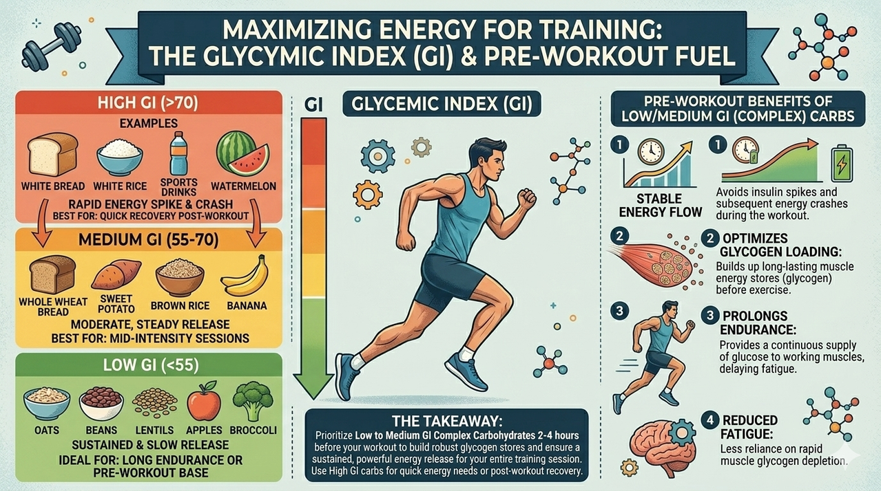 Glycemic index chart showing low, medium, and high GI foods with examples for pre-workout meal benefits of complex carbs