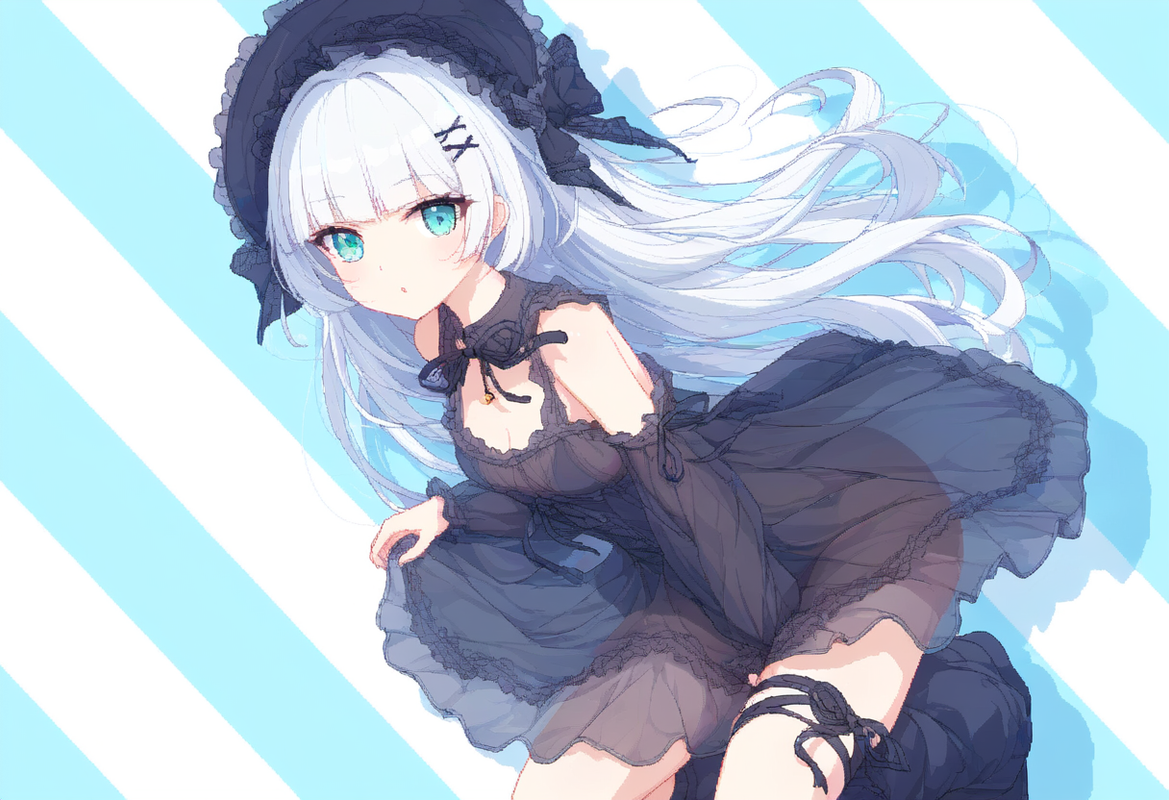 1girl, striped background, aqua eyes, long hair, hime cut, white hair, short ban s-3696151997