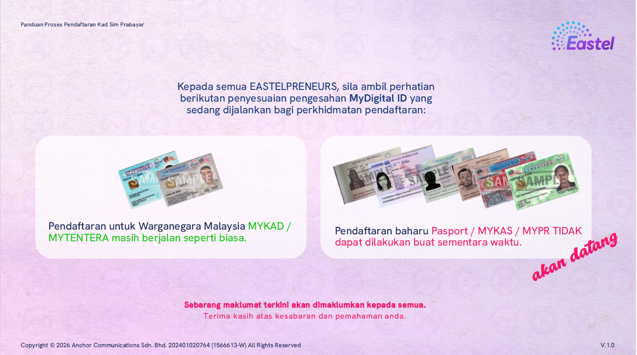 Langkah 2 panduan pendaftaran SIM Kad Eastel MyDigital ID