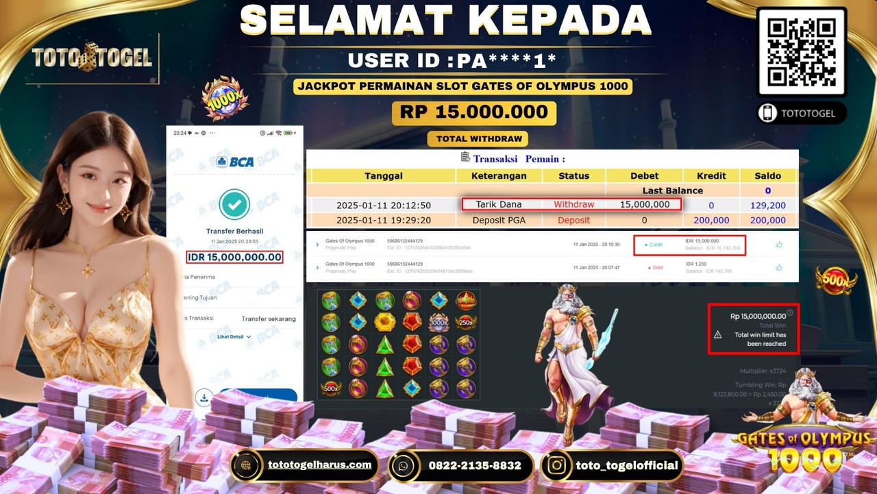 Bukti Pembayaran Jackpot  Permainan Slot Gates Of Olympus 1000  :PA****1*  LUNAS