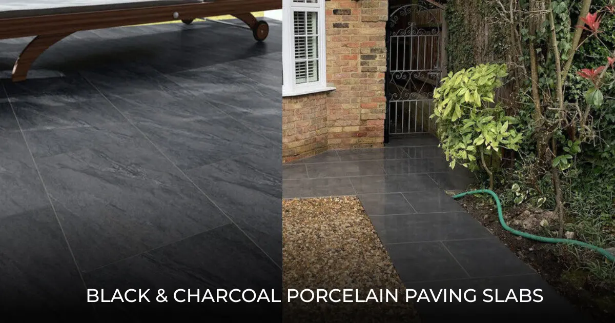 Black and charcoal porcelain paving slabs used for a garden path and courtyard entryway next to a brick house. The dark stone-effect slabs create a high-contrast look for outdoor walkways and patios.