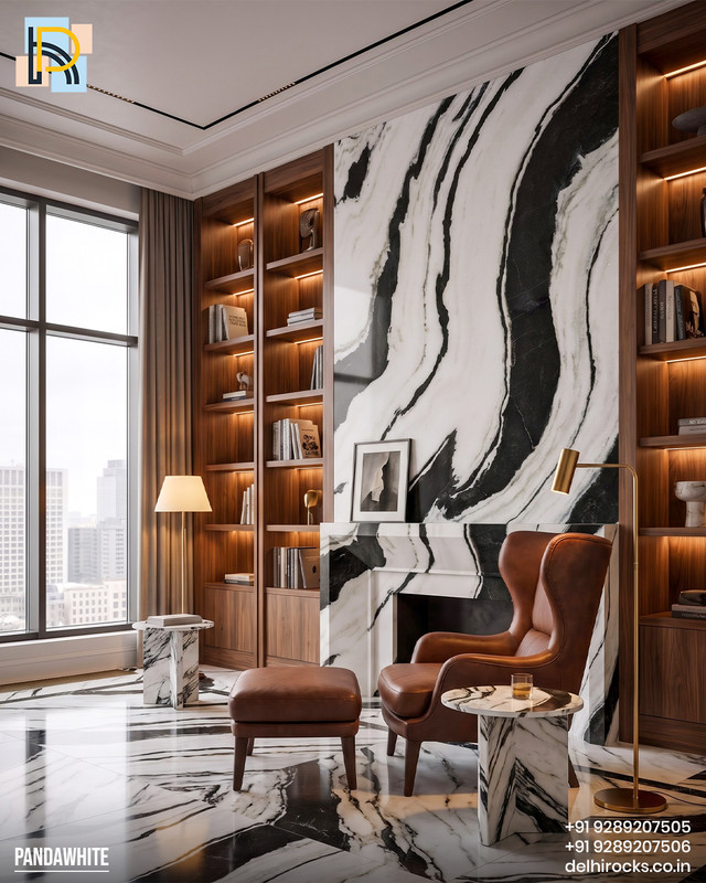 Panda White marble makes a bold statement across this fireplace wall and flooring The dramat