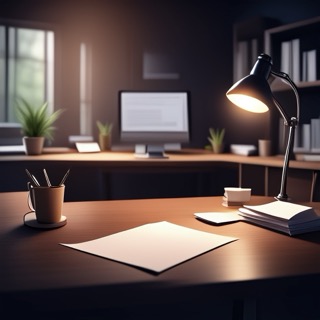 
A single sheet of paper rests on a wooden writer’s desk, surrounded by a pen and soft, golden lighting. The warm glow creates a peaceful, creative atmosphere—capturing a quiet moment in the writing process.