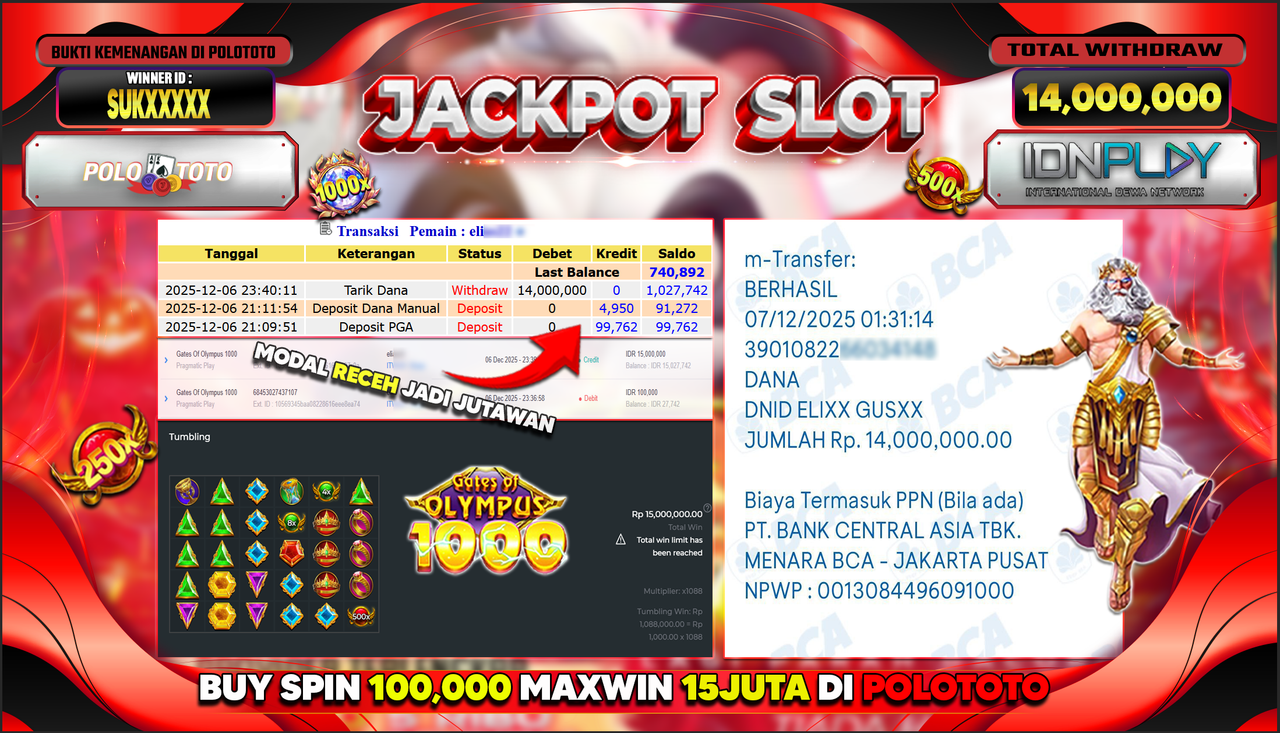 POLOTOTO JACKPOT SLOT GATES OF OLYMPUS 1000 Rp.14.000.000,- LUNAS