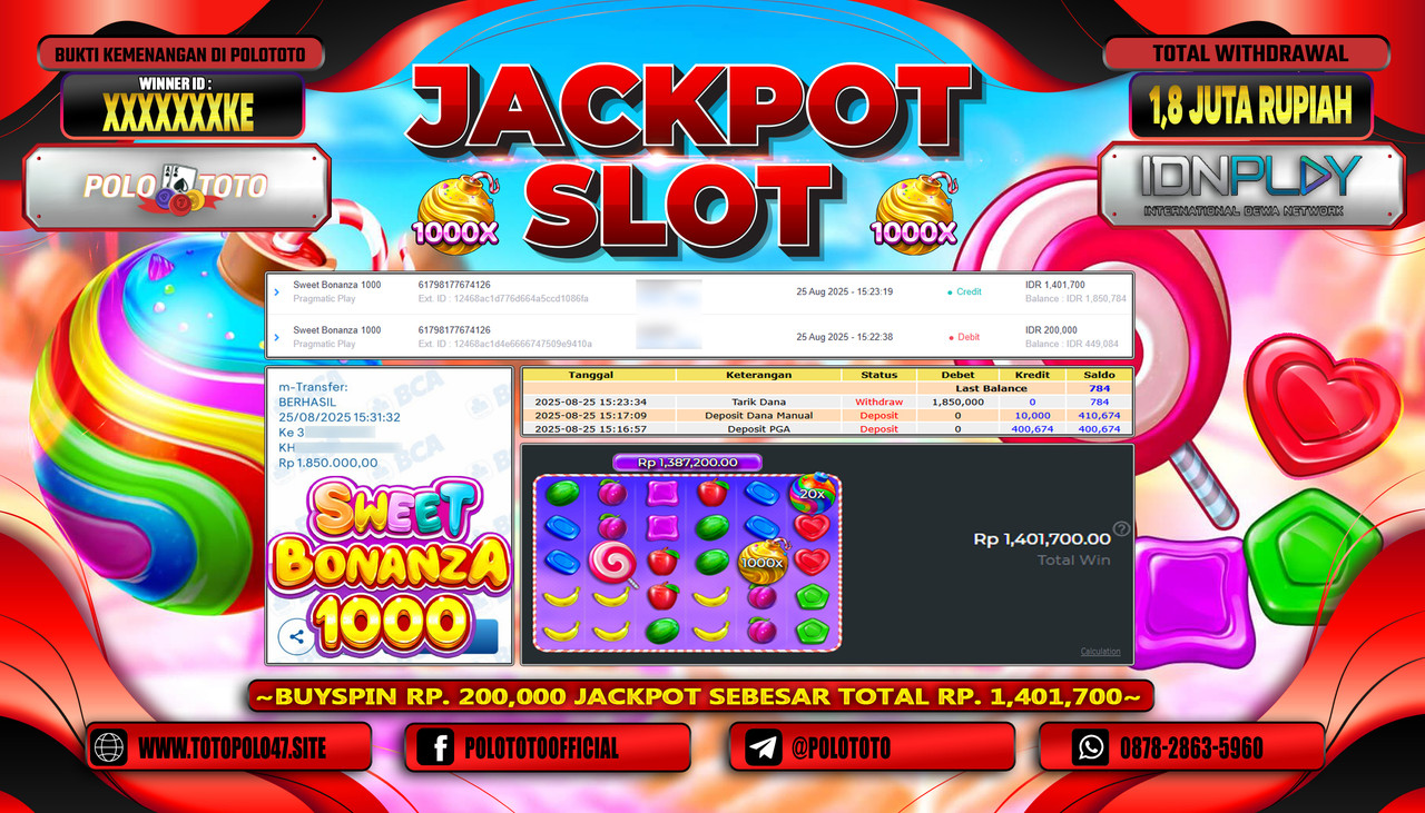 POLOTOTO JACKPOT SLOT SWEET BONANZA 1000 Rp.1.800.000,- LUNAS