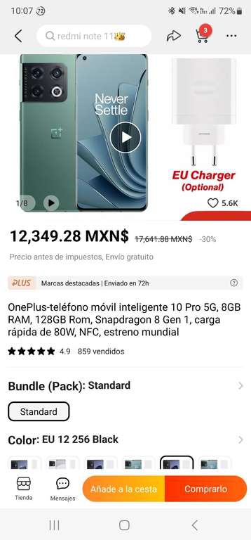 AliExpress: Oneplus 10 pro (12/256) enviado desde México por tienda oficial Oneplus 
