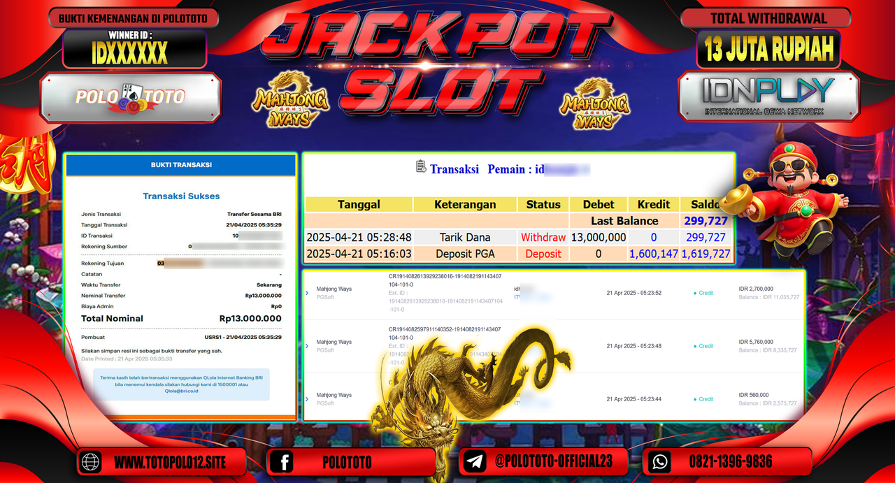 POLOTOTO JACKPOT SLOT MAHJONG WAYS Rp.13.000.000,-