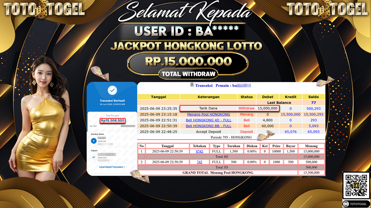 Bukti Pembayaran Jackpot Permainan Togel Hongkong Lotto ID:BA***** LUNAS