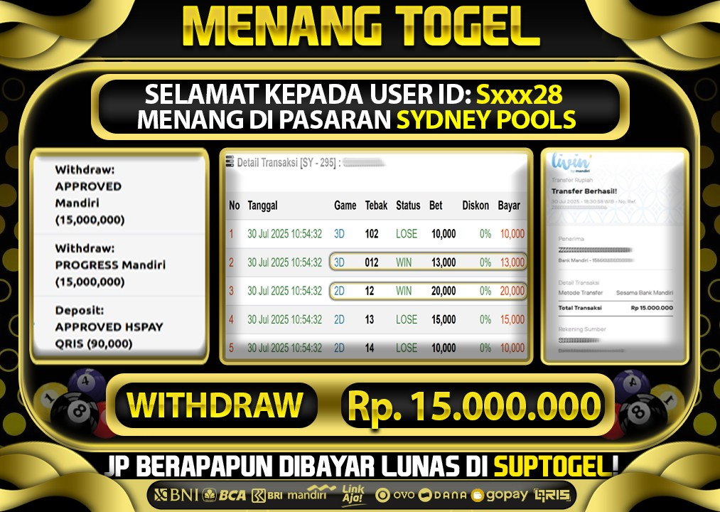  BUKTI KEMENANGAN 30 JULY 2025 MENANG DI PASARAN SYDNEY POOLS  TOTAL WD 15 JUTA