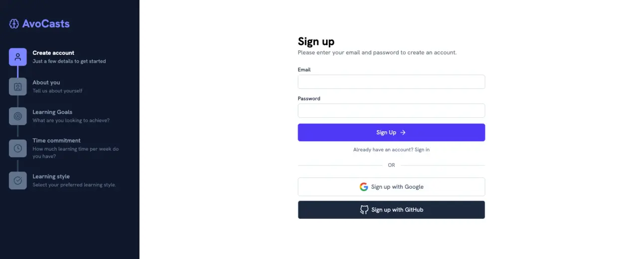 Sign up page with the onboarding layout
