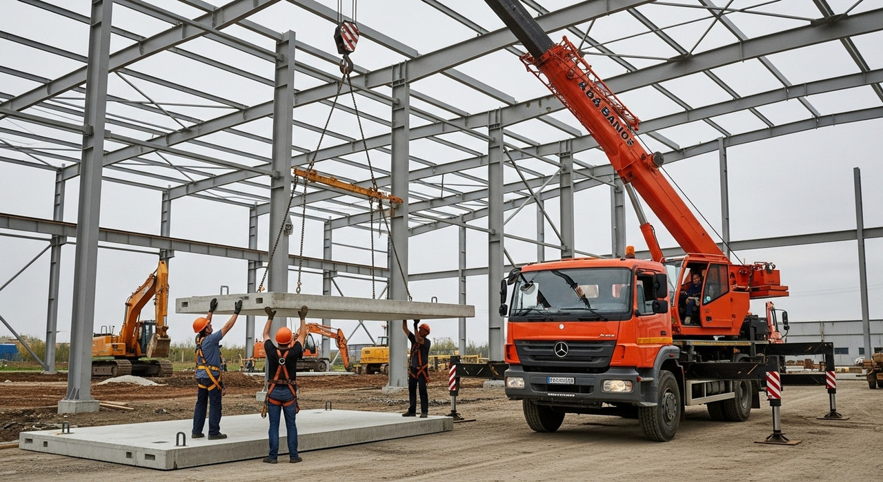 Автокран поднимает конструкцию на промышленном объекте, монтажные работы с подъемной спецтехникой для стройплощадки