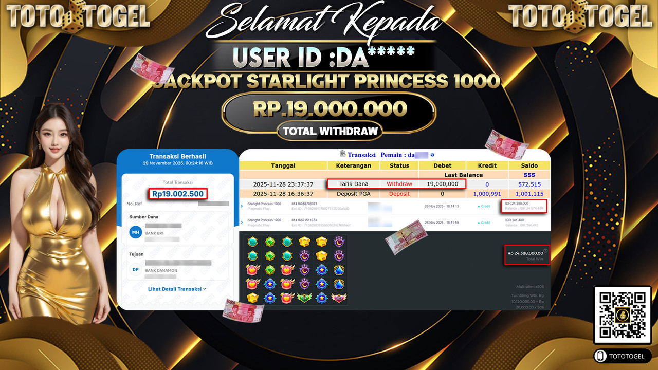 Bukti Pembayaran Jackpot Permainan Slot Starlight Princess 1000 ID:DA***** LUNAS