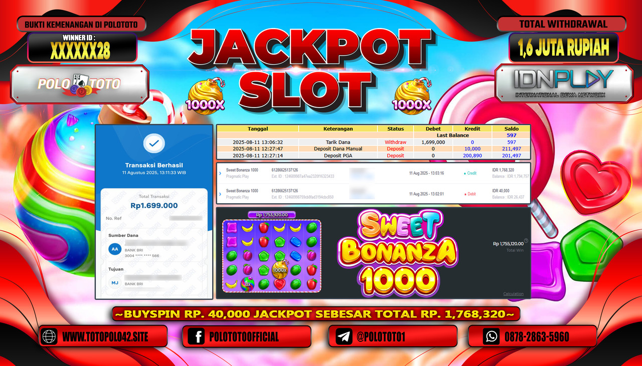POLOTOTO JACKPOT SLOT SWEET BONANZA 1000 Rp.1.600.000,-LUNAS